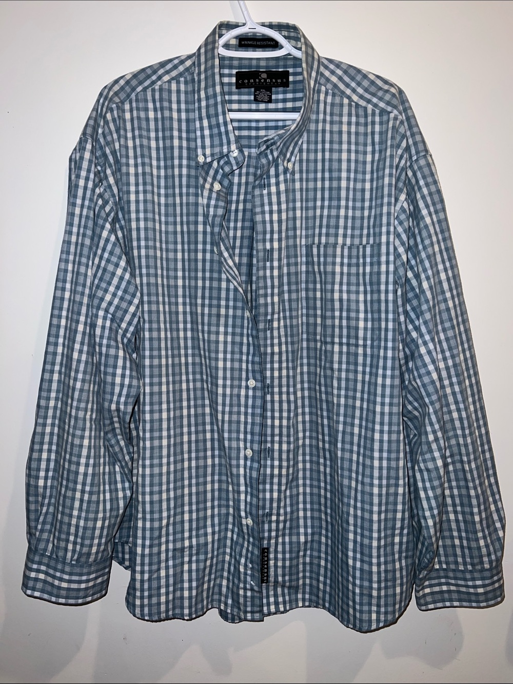 Consensus Men’s Wrinkle Resistant Light Blue and White Plaid Button-Down Shirt